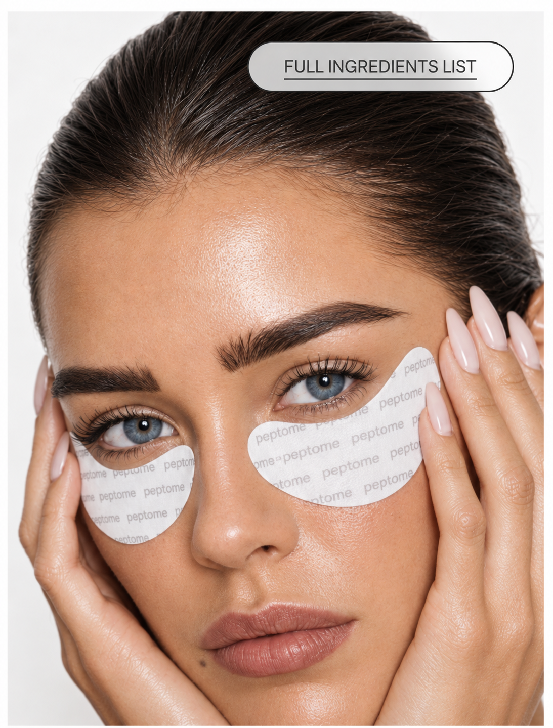 Model wearing Peptome copper peptide eye patches